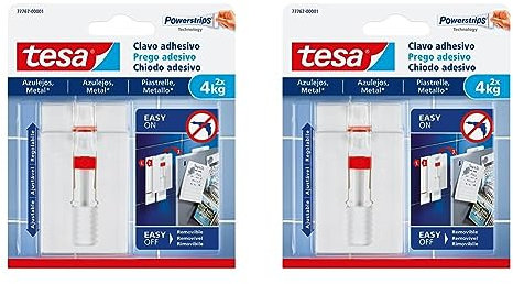 Tesa Chiodo Adesivo per Quadri - Piastrelle e Metallo - Altezza Regolabile - Autoadesivo - per Telai - Forza Fino a 4 kg - Non Lascia Tracce (Confezione da 2)