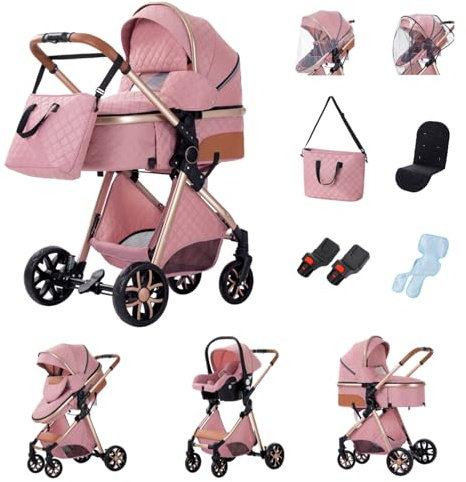 YAZOCO kinderwagen 3 in 1,Kombikinderwagen reisesysteme mit tragbar Wickeltasche Moskitonetz Regenschutz Fußsack, Zusammenklappen, Liegeposition Hohe Landschaft (4 Rosa)