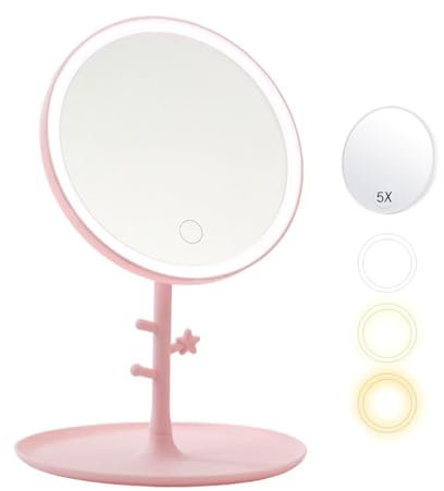 GVEFIVME Specchio cosmetico con luce LED, specchio da trucco illuminato per trucco, rasatura e usura delle lenti a contatto, 3 colori di luce e luminosità regolabile (rosa)