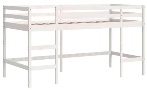 vidaXL Kinderhochbett, Hochbett mit Leiter Rausfallschutz, Spielbett Bett für Kinder ab 6 Jahren, Kinderbett Etagenbett Stockbett, Weiß 90x200cm Massivholz Kiefer