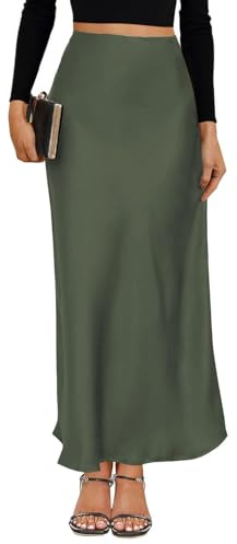 VividMosaic 2025 Satin High Waisted Maxi Skirt Silk A-Line Spring Summer Casual Long Skirts for Women, Olive, XL
