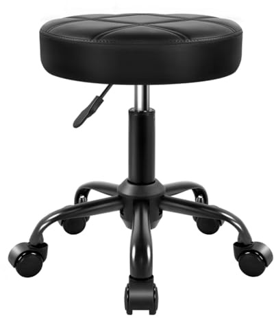 KKTONER Taburete Ruedas de Cuero PU – Altura Ajustable 50-65 cm, Asiento Redondo Giratorio 360°, Silla para Salón, SPA, Masaje, Cocina u Oficina – Negro