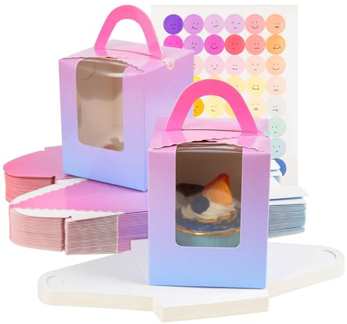 KEYIDO 30 Pcs Individual Cupcake Boxes Deep Gradient Single Cupcake Boxes 1 Hole Cake Box with Clear Window Inserts and 2 Sheets of Stickers for Wedding Birthday Party Favors