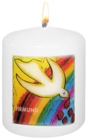 Wiedemann Kerzen Gastgeschenk Firmung 60 x Ø 50 mm in Weiß Taube, Regenbogen, 12 Stück.