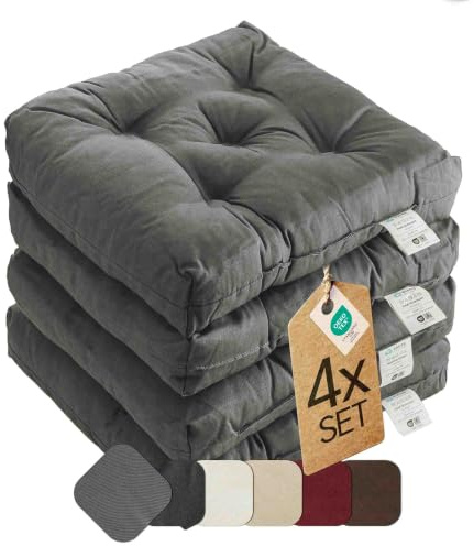 etérea Sitzkissen 42x42 cm 4er Set - Grau 8 cm hoch - Bodenkissen für Indoor, Outdoor, Küche, Garten, Auflage - Heidi Stuhlauflage - 4 Stück Stuhlkissen 40x40 cm Grau