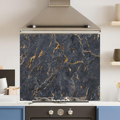 Toughened 6mm Glass Kitchen Splashback 90 x 75cm Black Marbled Surface Polished Heat Resistant Back Splash for Cookers Hob