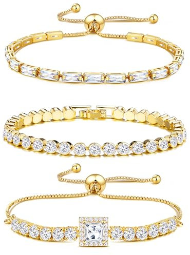JeweBella 3 Stück Tennis Armband Damen Gold Silber Zirkonia Verstellbarer Armbänder Glitzer Armband Stapel Tennisarmband Set
