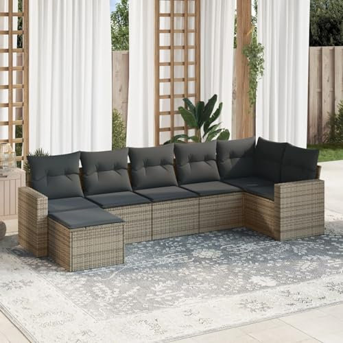 Iiaky 7-TLG. Garten-Sofagarnitur mit Kissen Gartengarnitur Set Lounge MöBel Outdoor LoungemöBel Balkon Grau Poly Rattan - 3219270