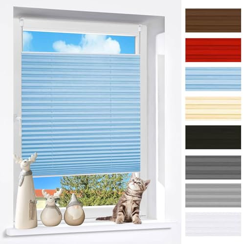 Plissee Klemmfix Ohne Bohren 25 x 180 cm Blickdicht Sichtschutz Sonnenschutz Plise Plisee Plisse Rollo Nach Maß, mit Klemmfix für Fenster Und Tür, hellblau