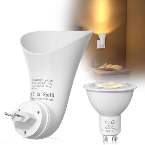 Plugin GU10 Lampada a Parete con Faretto Uplighter - 360° Rotabile, Luce Calda 3000K, Spot Luminosi, Economia Energetica, Presa di Corrente, Lampadina LED Inclusa