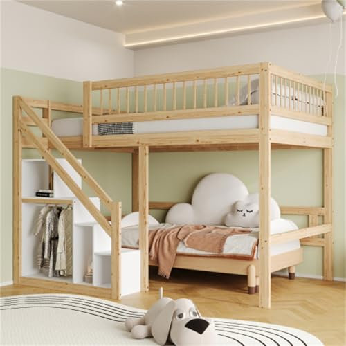Cama Alta Escalera con Armario de almacenaje Cuna Estructura Madera Maciza Cama Individual para Adolescentes Cama Juvenil con protección contra caídas Familiar Cama de Invitados Color Madera 140x200