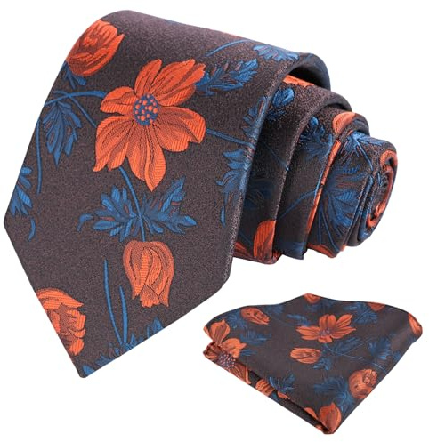 Alizeal Cravatta da uomo con fazzoletto e set floreale setoso per festa di nozze cravatta e fazzoletto, Blu+Arancio Bruciato, Taglia unica
