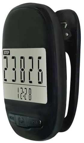 Clip On Pedometer - Portable Odometer, Step Counter, Mile Tracker | Large Digital LCD Display with Clock, Fitness Recorder Records Steps, Calories, Exercise Time for Seniors, Women, Walking