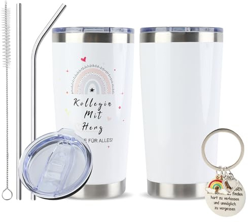 FYting Thermobecher Personalisiert,Thermobecher mit Gravur,Kollegin Mit Heng DANKE FÜR ALLES!,mit Schlüsselbund und übereinstimmen Strohhalmen Deckeln, Geschenke für Kollegen