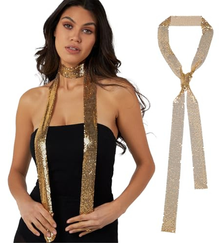 JK Home Sparkling Metallic Scarf Metal Sequins Choker Neck Tie Scarf Skinny Neckerchief for Women Sparkle Glitter Long Thin Scarves Necktie for Girls Party Wedding Gold