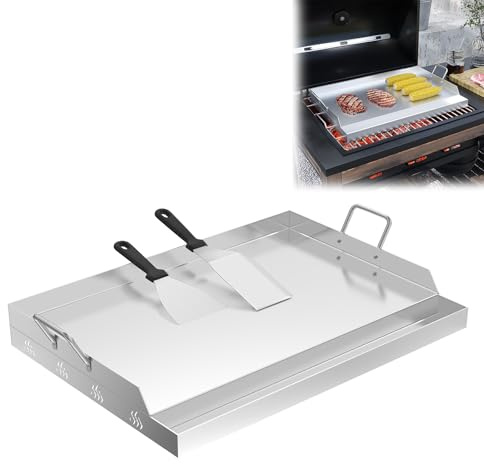 LZQ Edelstahl Grillplatte mit Griffen 54x41x7cm | Plancha aus Edelstahl für Gas- & Holzkohlegrills | Grillfläche | Grillzubehör für BBQ | Inkl. Grillspachtel und Fettauffangrinne