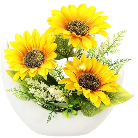 Kunstblumen Sonnenblumen Arrangement mit LED-Licht in Schale – künstliche Blumen Tischdeko – dekoratives Blumengesteck mit grünen Blättern – Sommerdeko & Herbstdeko – ca. 26 x 23 x 10 cm