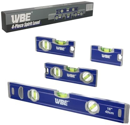 WBE 4-Piece Torpedo Level Set, Aluminium Alloy Magnetic Spirit Level Included 16, 7, 5, 4 Leveler with 180°/90°/45° Bubbles, Clear, Green.