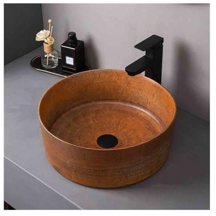 YHxFlux Lavandino Bagno Lavandino da appoggio Rotondo vintageLavabo da Esterno e internoBagno da patioCeramica con Accessori Lavabo da Appoggio