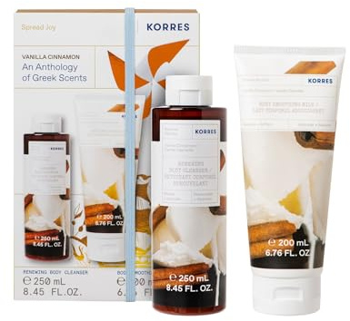 KORRES VANILLA CINNAMON Körperpflege Geschenkset, Vorteilsset für Damen und Herren, Duft nach cremiger Vanille und warmen, würzigem Zimt, Duschgel 250ml und Bodymilk 200ml, vegan