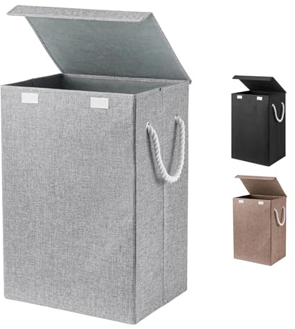 M.J COMFY-LIFE 72L Laundry Basket with Lid - Foldable Collapsible Hamper Tall Freestanding Clothes Bin for Bedroom, Bathroom Laundry Room Space-Saving Design (GREY)