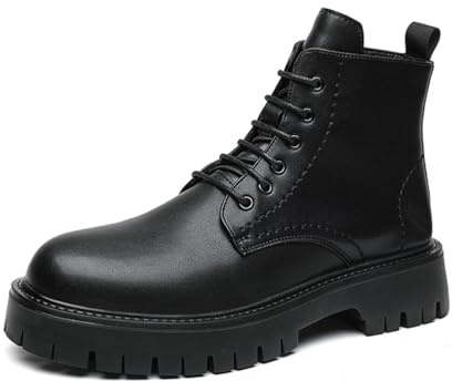 LMUIPMAA Stivaletti da Combattimento con Plateau da Uomo Stivaletti Corti Stringati alla Moda con Suola carrarmato e Cerniera Laterale,Nero,43 EU