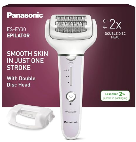 Panasonic ES-EY30-V511 Wet and Dry Epilator, Double Disc with 60 Tweezers, Flexible 90° Pivoting Head, 3 Speed Settings & LED Light, Up to 30 Minutes Operation Time, Cordless, Hair Remover