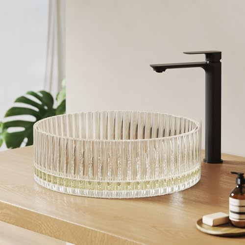 EMKE Glas Aufsatzwaschbecken Rund 40,0 × 40,0 × 12,0 cm – Design Glas Waschbecken Großvolumen für Badezimmer & Gäste-WC, Waschtisch Handwaschbecken Ohne Hahnloch, Champagnergoldenes
