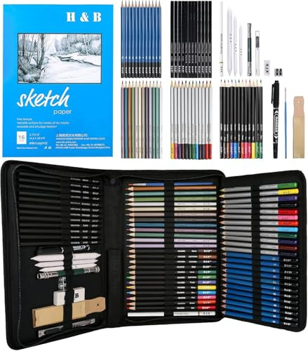 KIKIGOAL 72 st ritning skiss-set, färgad penna pro konst tillbehör med pennor, träkol, färgade pastellpennor, akvarellfärger och skissbok i förvaringsväska, konstset för nybörjare och proffs