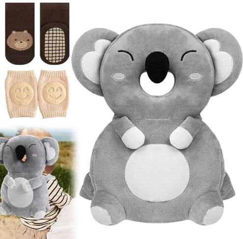 Jonuin Protezione Testa per Neonato, Cuscino Anticaduta Morbido e Traspirante, Zainetto Anticaduta Regolabile con Ginocchiere e Calze Antiscivolo, Protezione per la Testa del Bambino 6–24 Mesi(Koala)