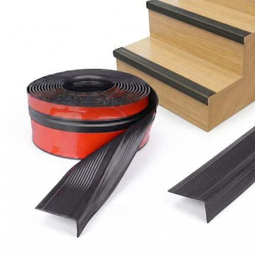 Snugkin Treppenkantenprofil 5 Meter Selbstklebend 50x25mm L-Form Stufenkanten-Schutz aus Flexiblem PVC Rutschhemmende Treppenkante für Innen & Außen Kantenschutz für Holz, Fliesen & Beton (Schwarz)