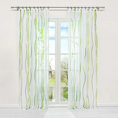 HongYa Vorhang, transparent, mit Wellenmuster, Kräuselband, Polyester, Dekoration für Schlafzimmer, Wohnzimmer, Balkon, cremefarben, Grün, H/225/140 cm
