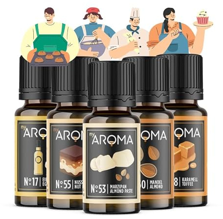 myAROMA Flavour Drops Set, Meisterbäcker 10mlx5, Karamell, Mandel, Nuss-Nougat, Eierlikör, Marzipan Flavour Set, Vegan Flavor Drops Zuckerfrei, Kalorienfrei Lebensmittelaroma zum Backen, und Trinken