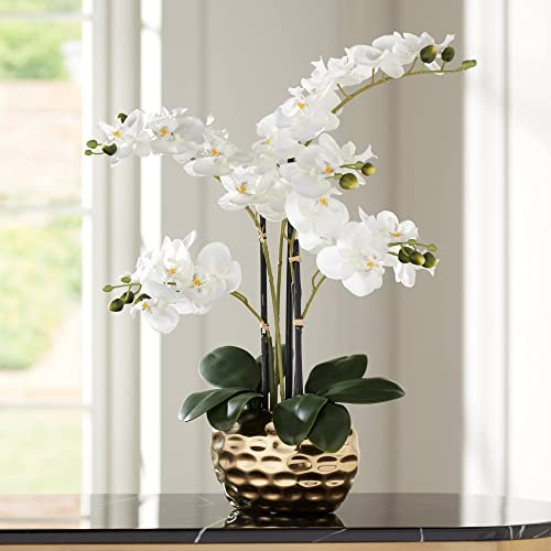 Dahlia Studios Potted Faux Artificial Flowers Realistic White Phalaenopsis Orchid in Silver Gold Ceramic Pot Home Decoration Living Room Office Bedroom Bathroom Kitchen Dining Room 23 High