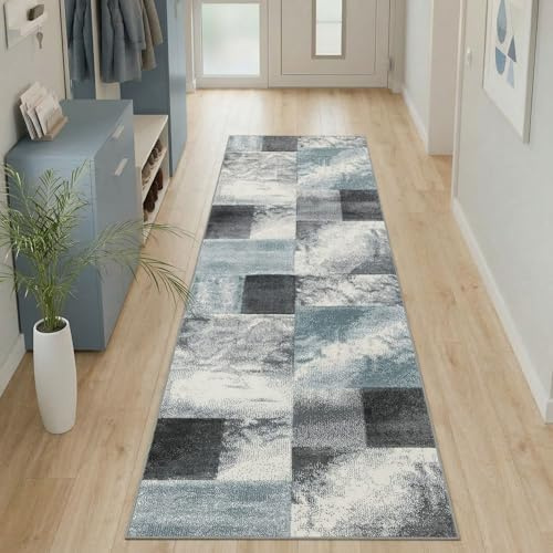 Carpetsale24 Teppich Läufer 80x300 cm Kurzflor Konturenschnitt in Blau Grau Weiß Kariertes Design, Extra Weich, Waschbar, Pflegeleicht Für Flur, Küche, Wohnzimmer