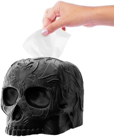 Death Decor Taschentuchbox-Abdeckung, quadratisch, schwarz, Gothic-Heimdekoration, Totenkopf-Geschenke für Männer, Frauen und Totenkopf-Liebhaber, Büro-Schreibtisch-Organizer, Schminkzubehör, passend