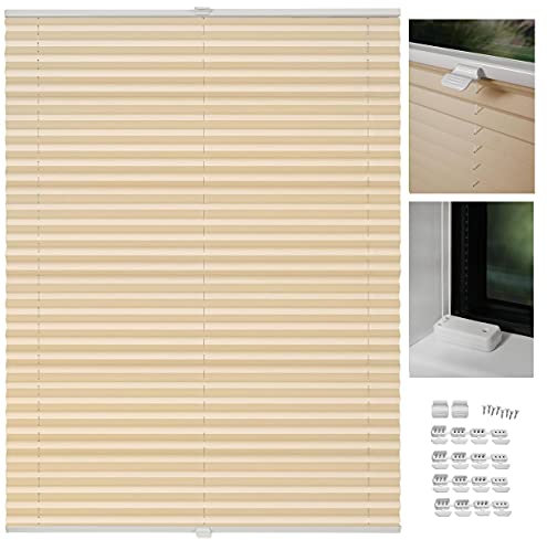 metablo Plissee nach maß Plissee mit Bohren 22 Farben Schalosien Fenster innen Faltrollos für Fenster Sicht- und Sonnenschutz Rollo für Fenster mit Bohren Beige B: 81-90 cm, H: 40-100 cm
