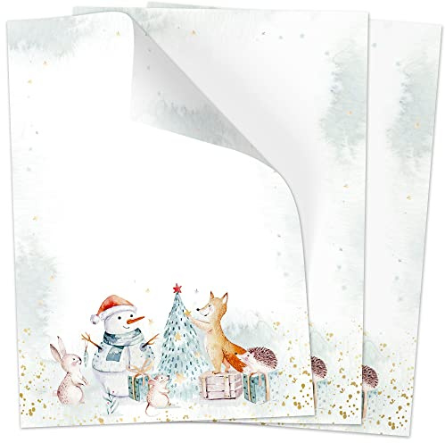 Weihnachtspapier A4 | Weihnachtsbriefpapier beidseitig bedruckt, 50 Blatt | Premium Briefpapier Weihnachten Niedliche Aquarell Tiere | weihnachtliches Motivpapier Schreibpapier Druckerpapier 90 g/qm