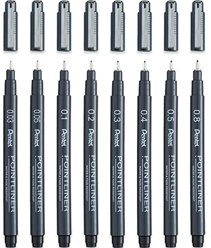 Pentel S20P Pointliner Pigment Liner Technisches Zeichnen Fineliner Pen – 0,03 mm, 0,05 mm, 0,1 mm, 0,2 mm, 0,3 mm, 0,4 mm, 0,5 mm, 0,8 mm – schwarze Tinte, 8 Stück