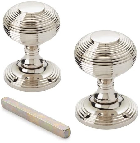 AB Hardware Polished Nickel Beehive Mortice Door Knobs Pair – 55mm Solid Brass Reeded Door Knobs with Backplates