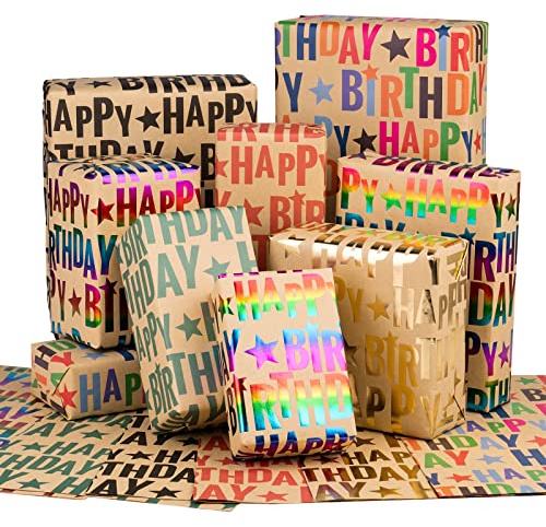 RUSPEPA Feuilles de Papier d'Emballage Kraft - Design Coloré Joyeux Anniversaire - 12 Feuilles Pliées-50x70CM
