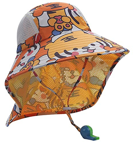 CLAPE Mesh solhatt barn brett brätte fiskarhatt nät sommarhatt flicka pojke UV-skydd strandhatt för 3–10 år topphatt med nackskydd, BAY02-Yellow Tiger, one size