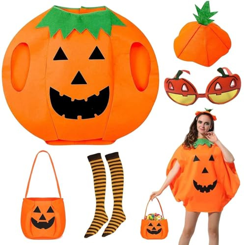 OBOVO Halloween Costumes for Women with Candy Bag Pumpkin Hat Stockings Pumpkin Glasses for Girls Ladies Female Halloween Cosplay Fancy Dress Outfit Party