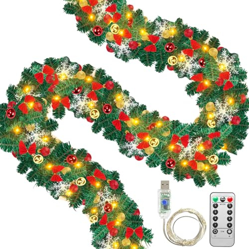 Ikodm Weihnachtsgirlande 5m mit Beleuchtung, 100 LED's Warmweiß inkl Deko und Fernbedienung, USB 8 Modus Lichterketten, künstlich Tannengirlande für Innen & Außen Weihnachtsdeko