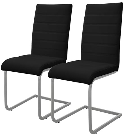 ML-Design Set de 2 Sillas de Comedor, Tapizadas de PU Imitación de Cuero Negro, Respaldo Alto, Asiento Diseño Cantilever para Comedor, Salón o Cocina, Silla Ergonómica con Estructura Metálica Plateada
