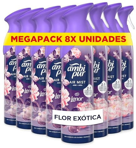 Ambipur Flor Exótica Ambientador En Spray 185ml x 8, Con Una Fragancia El Doble De Duradera Que Elimina Olores Y Deja Un Aroma Fresco Y Ligero