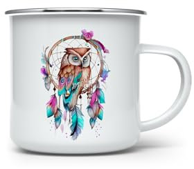 MAXIKIWI Langlebige Emaille-Kaffee- oder Tee-Camping-Tasse für drinnen und draußen, Aquarell-Eule mit Traumfänger, 350 ml