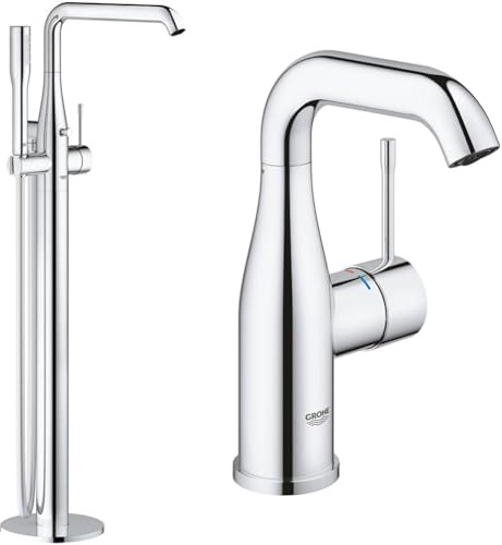GROHE Essence - Einhand- Wannenbatterie & Essence - Einhand-Waschtischarmatur (wassersparend, mit Temperaturbegrenzer, M-Size), chrom, 23798001 Silber