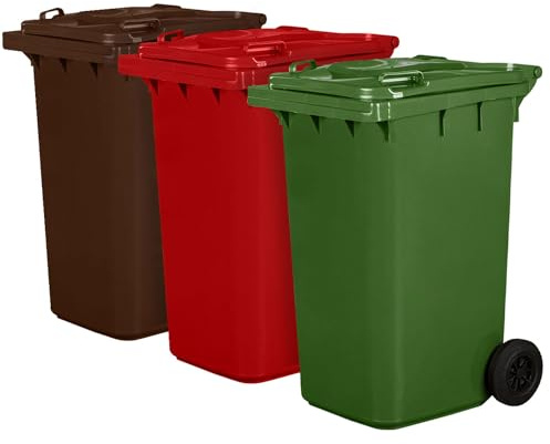 Lot de 3 poubelles pour déchets | PN-EN 840 | 240 litres | avec roues | système d'attache pour prélèvement mécanique | en plastique | marron rouge vert