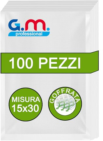 GM 100 Sacchetti Sottovuoto Alimenti Goffrati per Alimenti 15x30 - Adatti a Tutte le Macchine Sottovuoto - Buste Alimenti per Conservazione e Cottura - Sacchetti Trasparenti Senza BPA